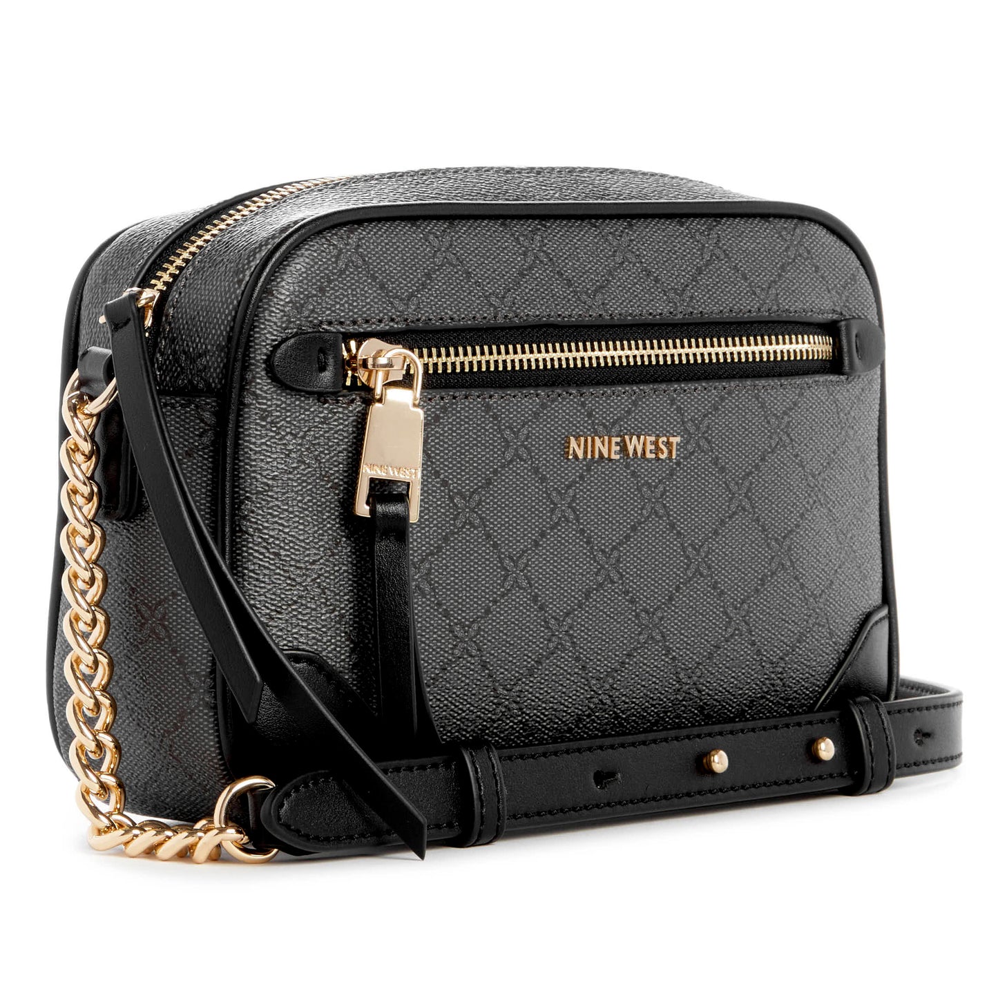 Black patterned camera bag with gold hardware and "NINE WEST" text.
