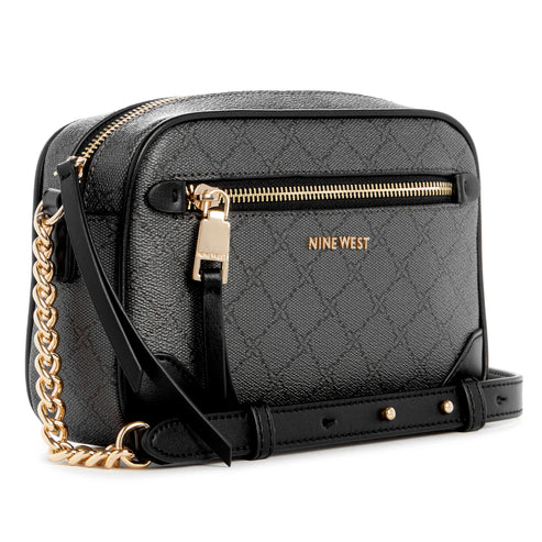 Black patterned camera bag with gold hardware and "NINE WEST" text.