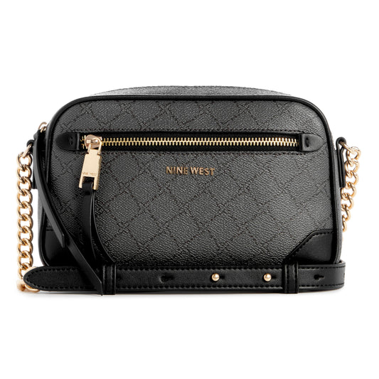 A black, rectangular, camera-style crossbody purse with a gold zipper and chain-link strap. The exterior has a diamond pattern and the name NINE WEST is printed in gold letters.