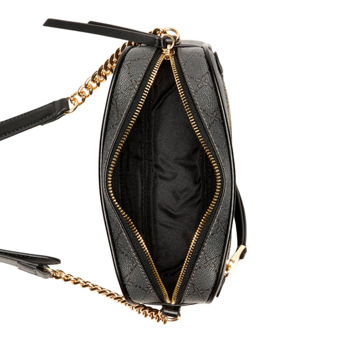 Open black purse with gold zipper and chain strap.