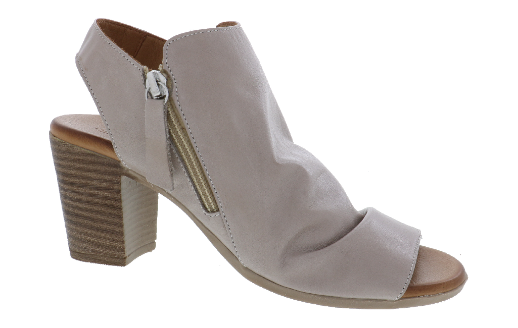 Beige peep-toe sandal with a block heel and side zipper.