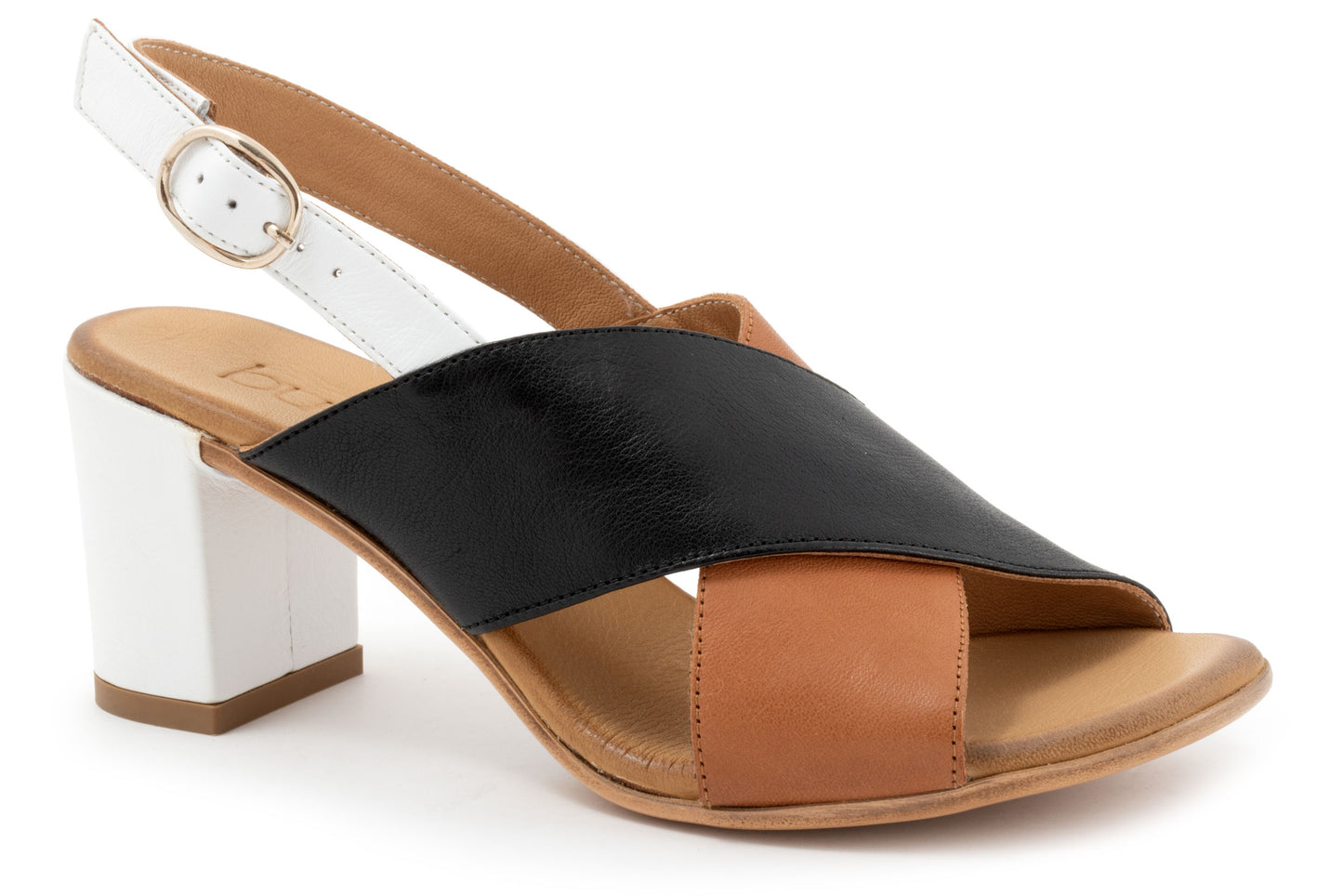 Slingback sandal with a block heel, featuring black, white, and tan leather straps in a crossover design.