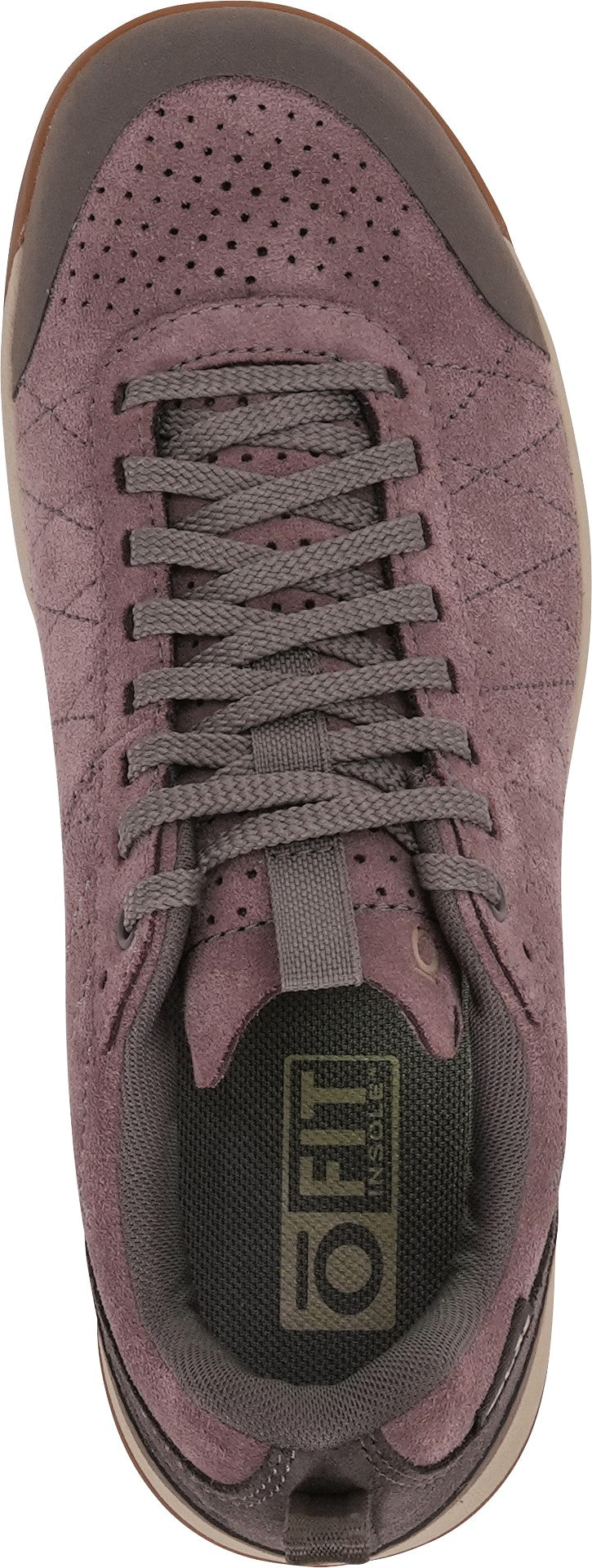 A top-down view of a dusty purple suede sneaker with a perforated toe, diamond-stitched side panels, flat gray laces, and an O FIT insole.