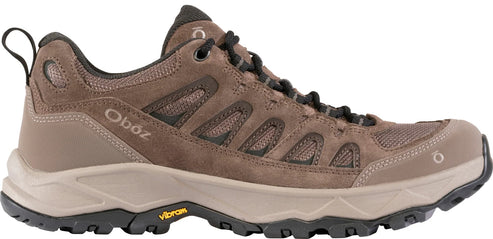 A brown leather hiking shoe with a tan midsole, black laces, mesh side panels, and a Vibram outsole.