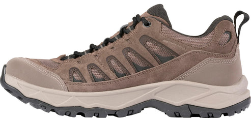 A side view of a brown suede and mesh hiking shoe with a beige midsole and dark grey rubber lugged outsole.