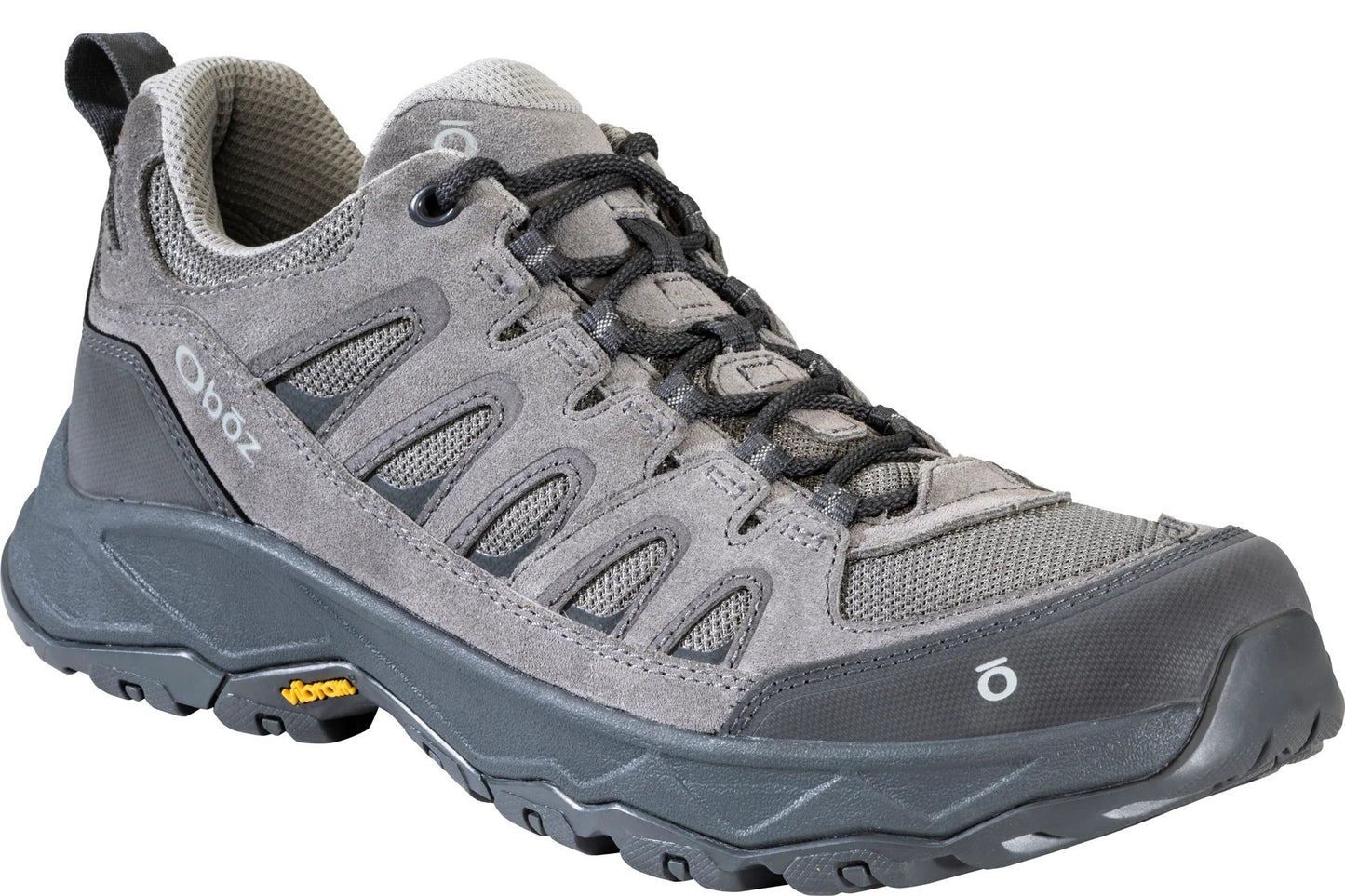 A gray low-cut Oboz hiking shoe with suede and mesh upper, black laces, dark gray sole with Vibram yellow logo on the side, and a rubber toe cap.