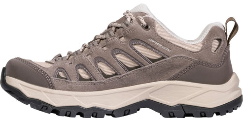 A low-cut, taupe-colored suede and mesh hiking shoe with a beige midsole, dark gray rugged outsole, and lace-up closure, featuring the text Sawtooth Ascent printed on the side panel.