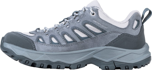A gray low-top hiking shoe with a textured gray sole, mesh and leather upper, laces, and a heel pull tab.