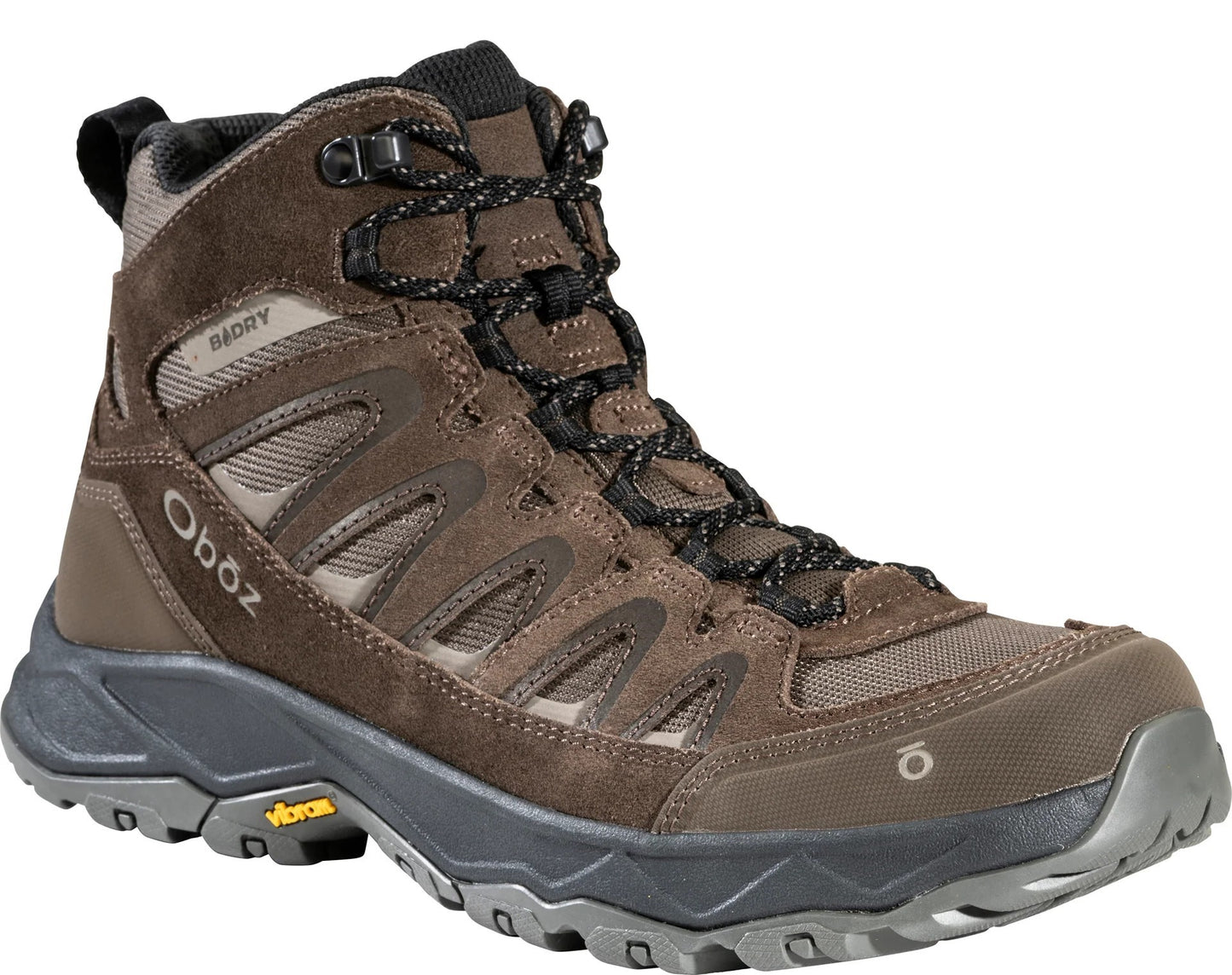 A brown, high-top hiking boot with gray accents, featuring black patterned laces, a Vibram logo on the sole, and Oboz and B-DRY branding visible on the side.