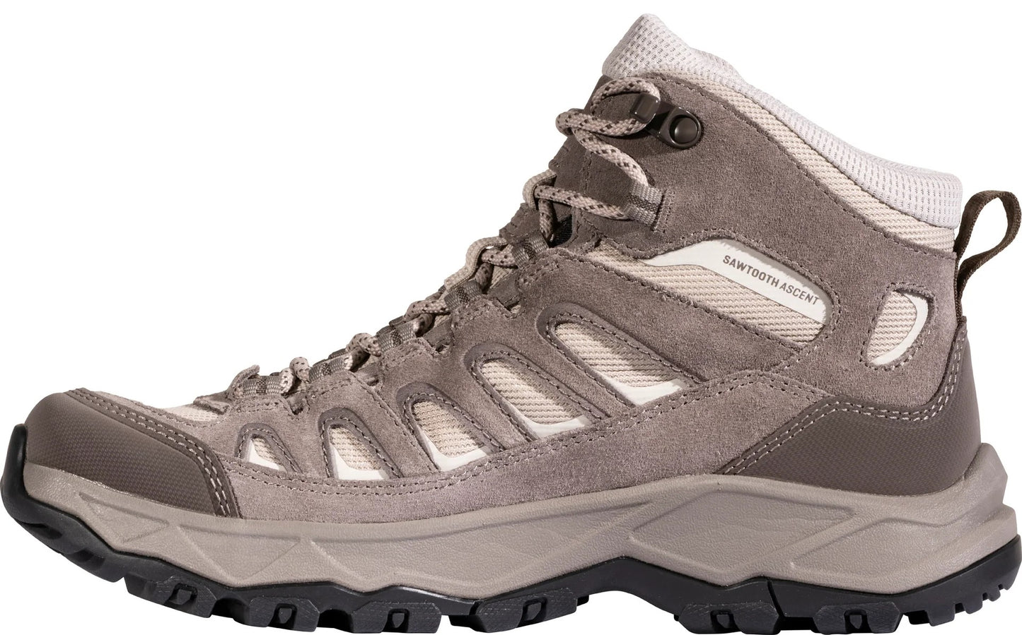 A brown, suede, mid-cut hiking boot with beige mesh panels, a rubber toe cap, and a thick, lugged grey-and-black sole, shown in profile.