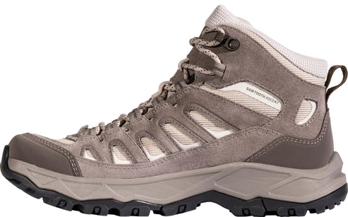 A brown, suede, mid-cut hiking boot with beige mesh panels, a rubber toe cap, and a thick, lugged grey-and-black sole, shown in profile.
