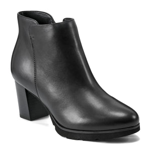 Black leather ankle boot with a block heel and rounded toe.
