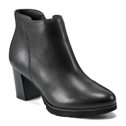Black leather ankle boot with a block heel and rounded toe.