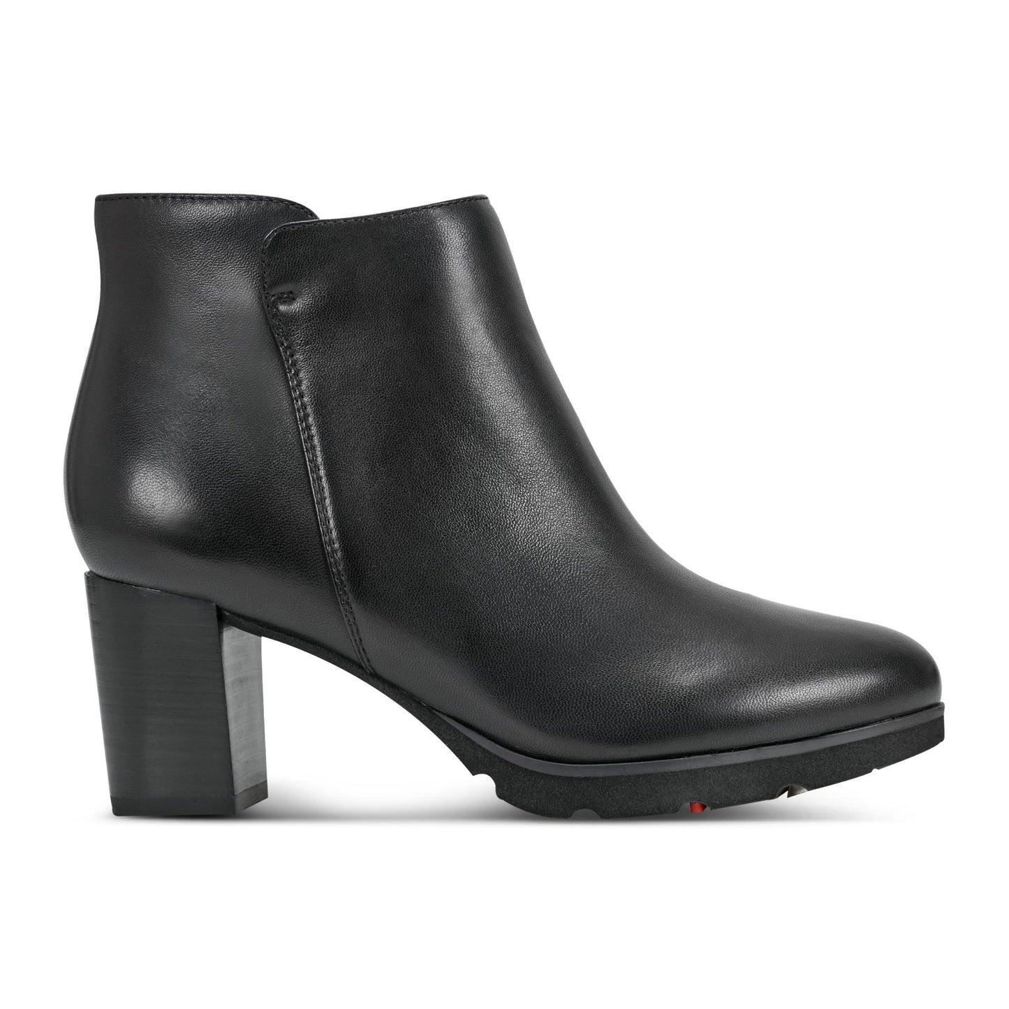 Black leather ankle boot with a block heel.