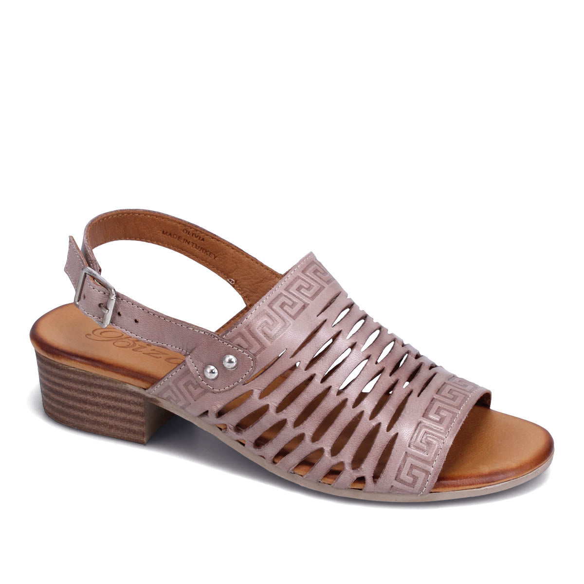 Open-toe mauve sandal with low block heel and Greek key pattern cutouts.