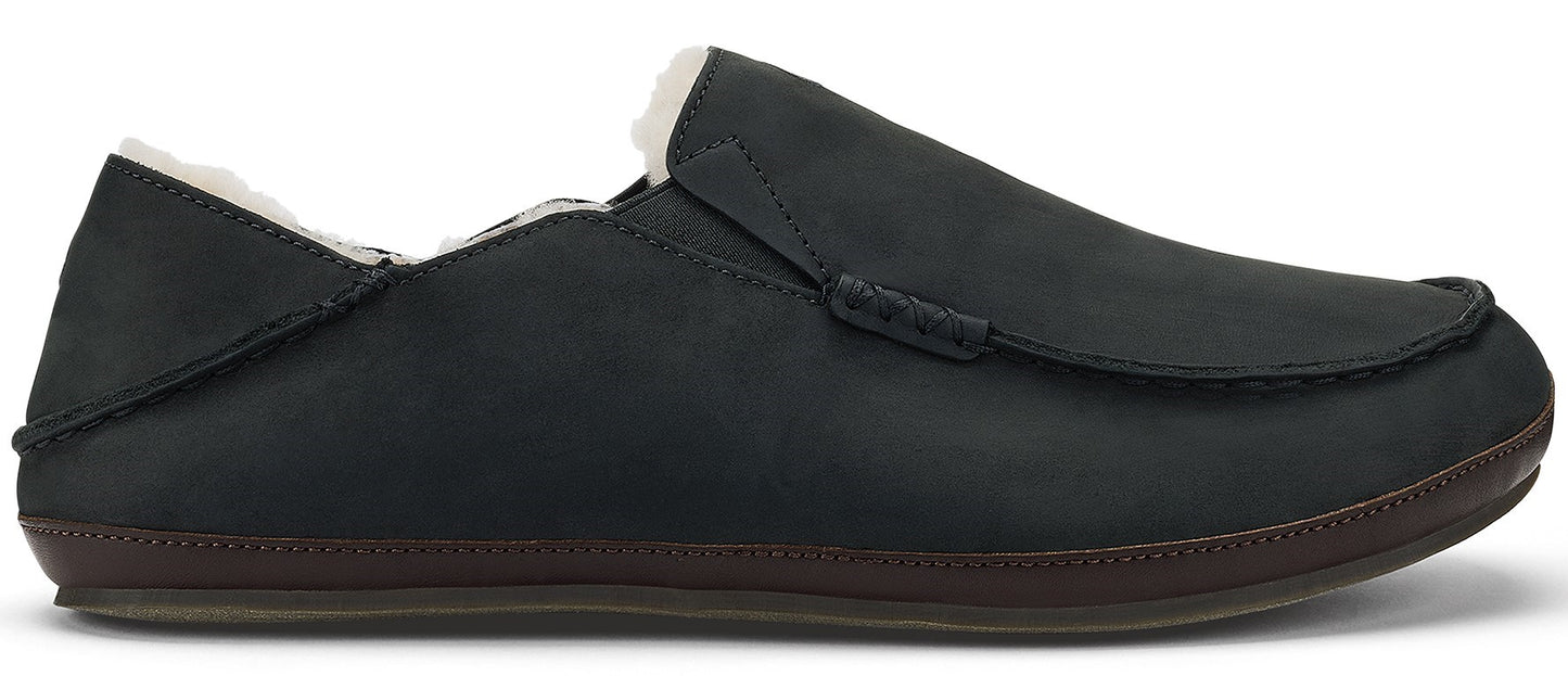 A black slip-on shoe with brown sole and white fur lining.