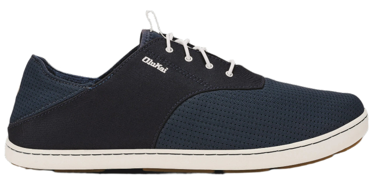 A dark blue shoe with a light sole and white laces.