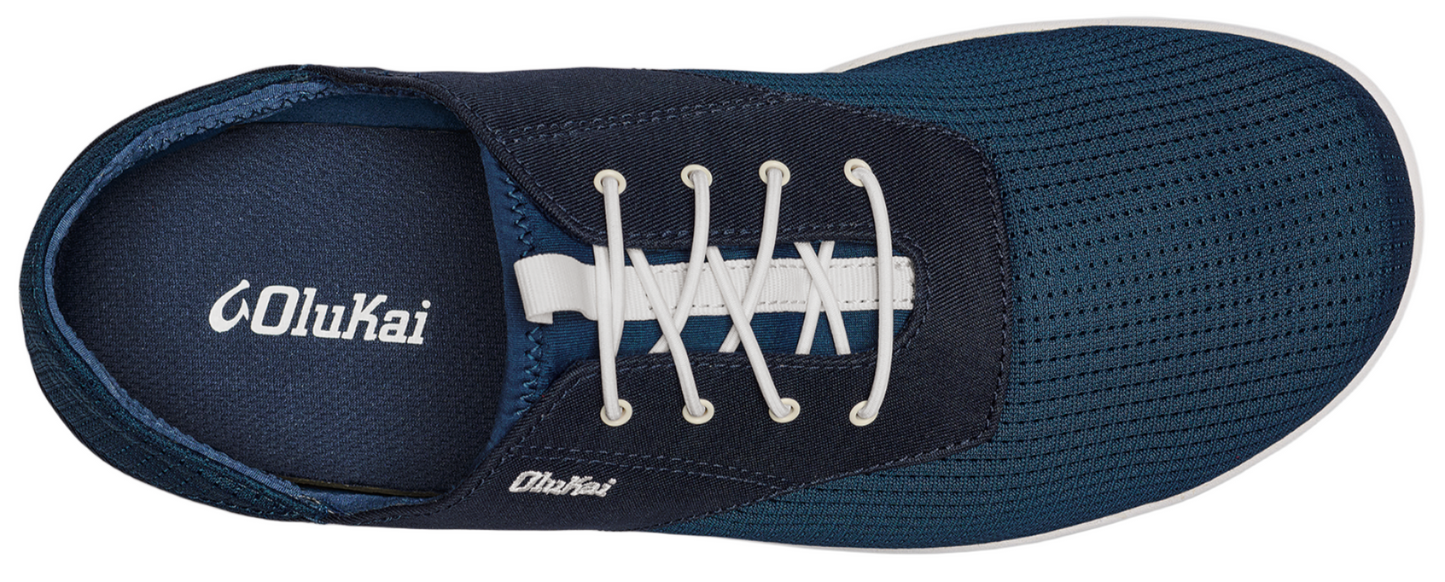 Top-down view of a blue shoe with white laces.