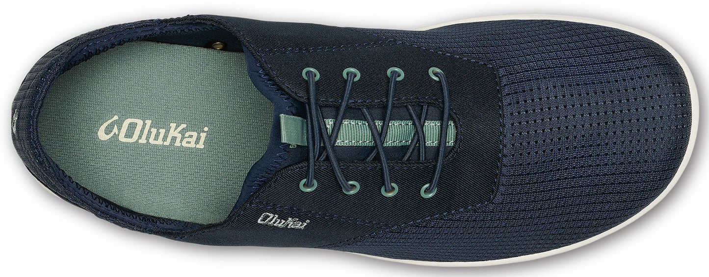 A top-down view of a blue shoe with OluKai branding.