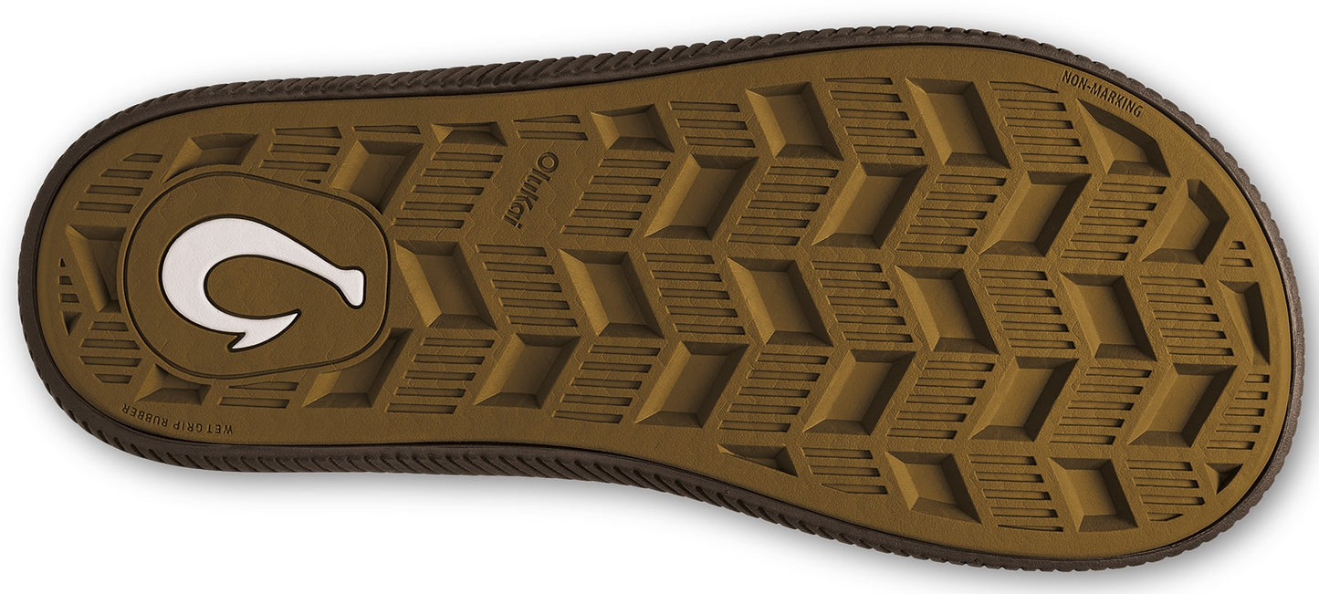 Brown sandal sole with a large hook logo and ribbed texture.
