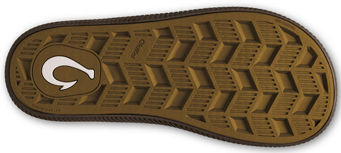 Brown sandal sole with a large hook logo and ribbed texture.