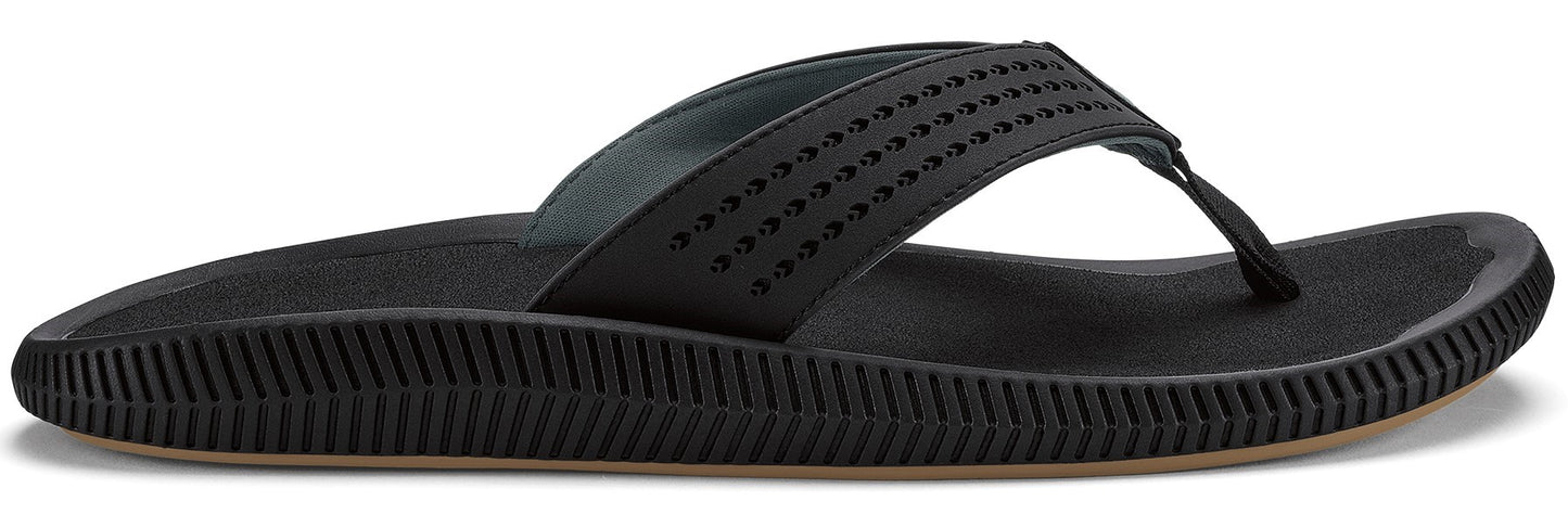 A black sandal with rows of perforations on the strap and horizontal ridges on the thick sole.