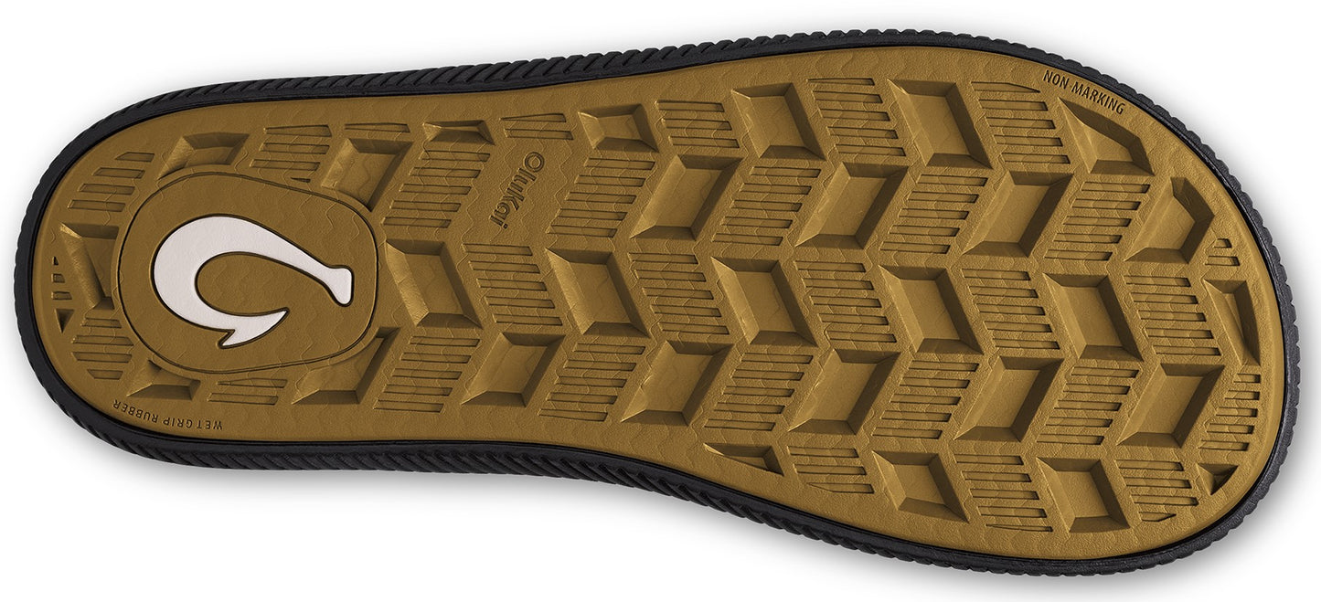 The underside of a shoe sole featuring an island-shaped logo and a pattern of arrows.