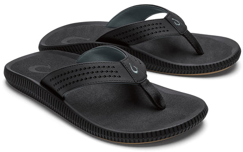 Pair of black flip-flops with perforated straps.