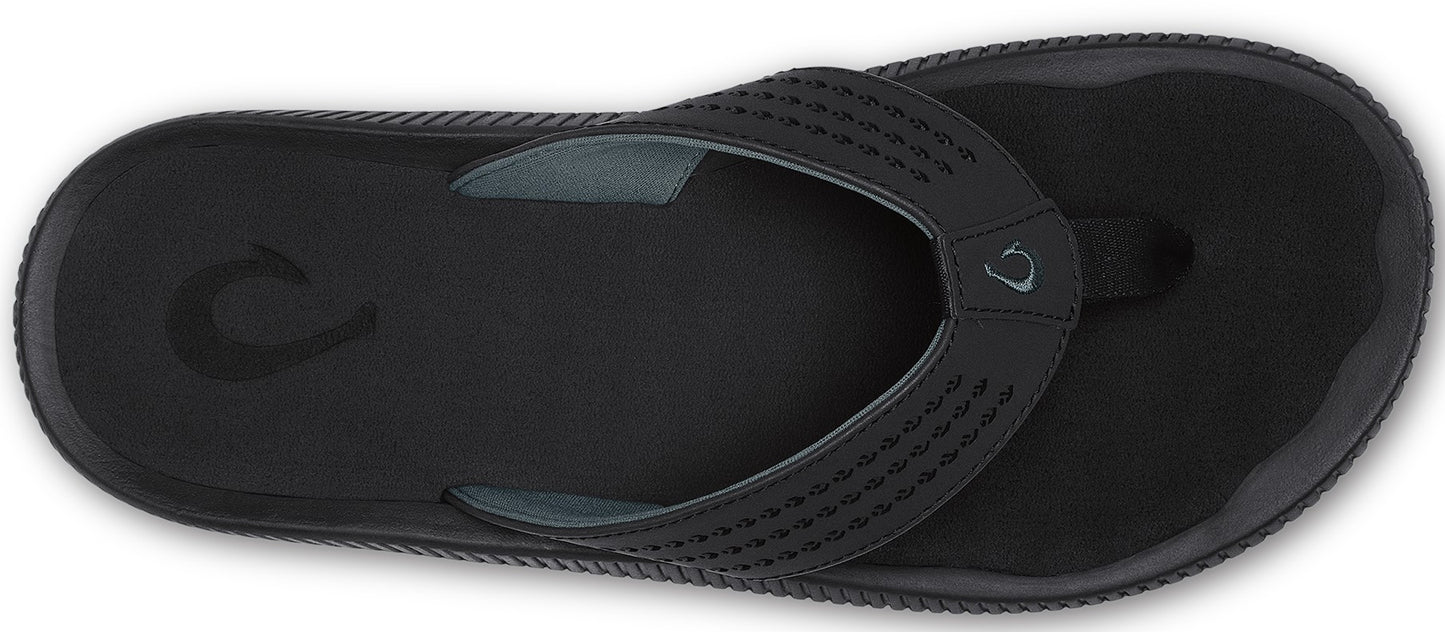 Black flip-flop sandal with perforated strap.
