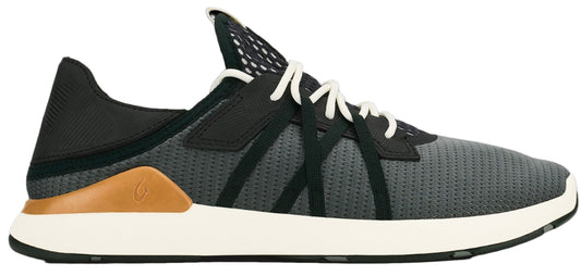 A sneaker with a gray perforated body, black accents, and white laces and sole.