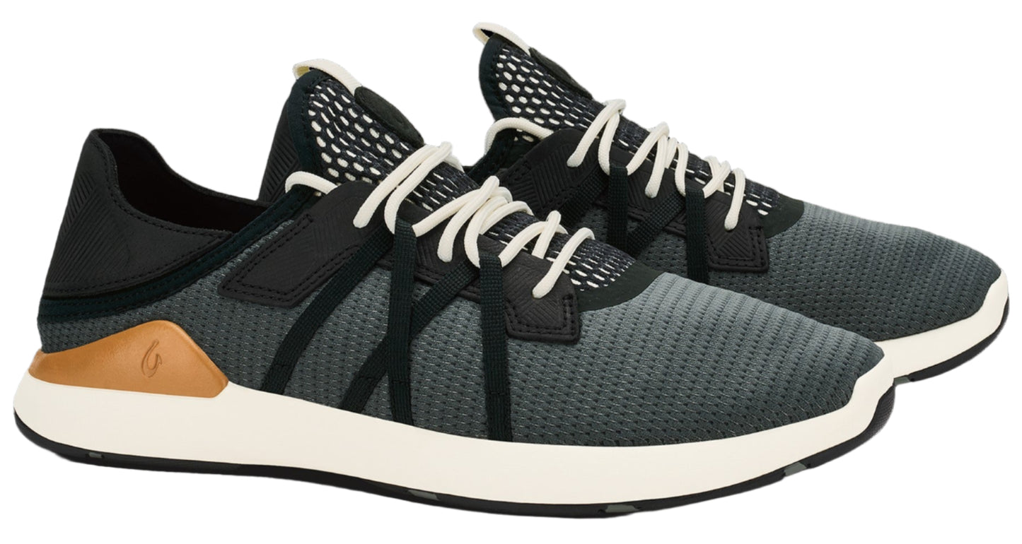 Pair of low-top sneakers with white soles, gray mesh uppers, black accents, and white laces.