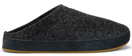 A charcoal gray wool slipper with a rubber sole.