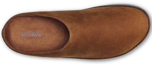 A brown slipper, top view.