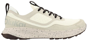 A running shoe with a speckled off-white sole, light-colored upper, and black laces.
