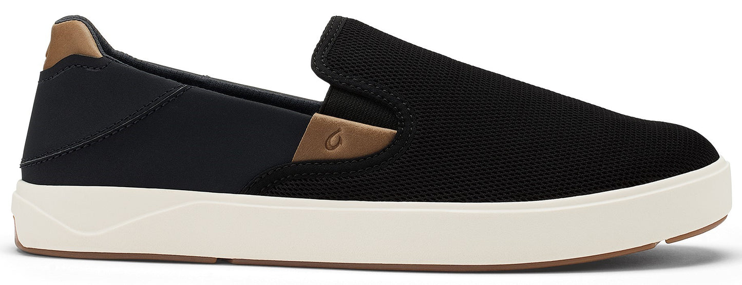 A black slip-on shoe with a tan accent near the opening.