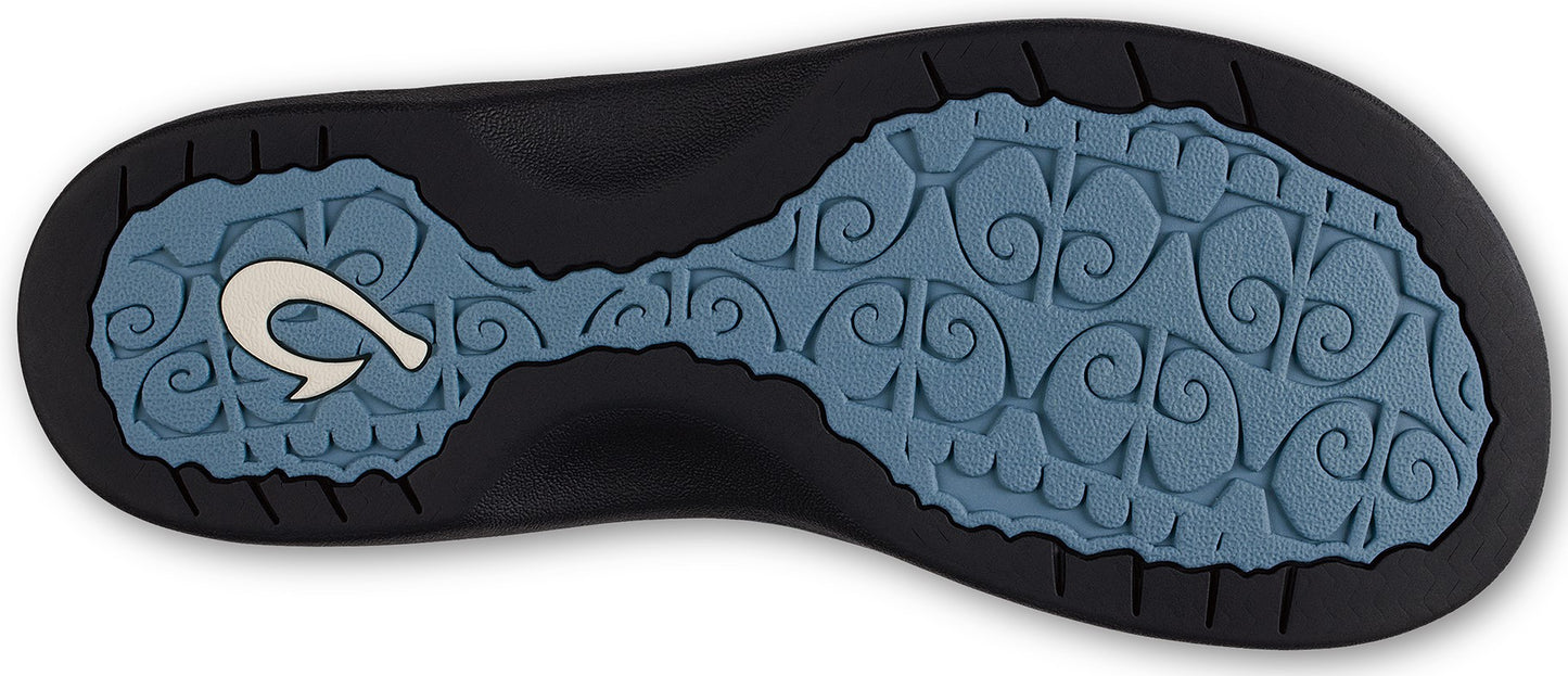 The underside of a sandal with wavy blue tread and a white hook logo.