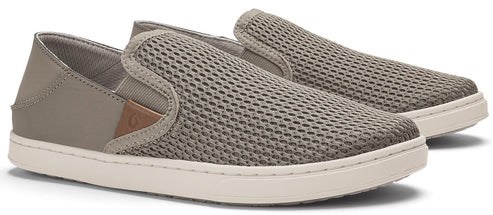 A pair of slip-on sneakers with khaki mesh uppers and white soles.