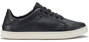 Black sneaker with white sole and black laces.