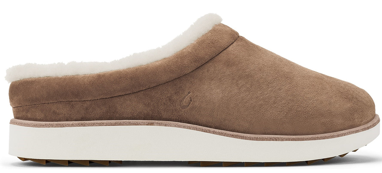 A brown suede slipper with a white faux fur lining and a white sole.