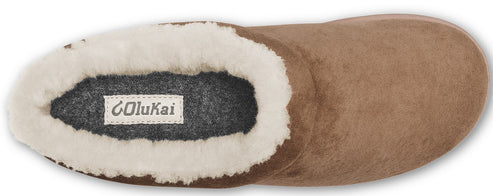 A tan slipper with white lining and gray insole with white logo.