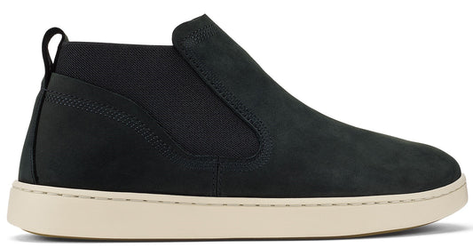Slip-on black nubuck ankle boot with white rubber sole and black elastic goring.