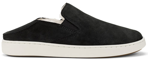 A black slip-on shoe with a white sole.