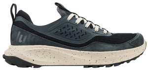 A gray running shoe with white laces and a tan speckled sole.