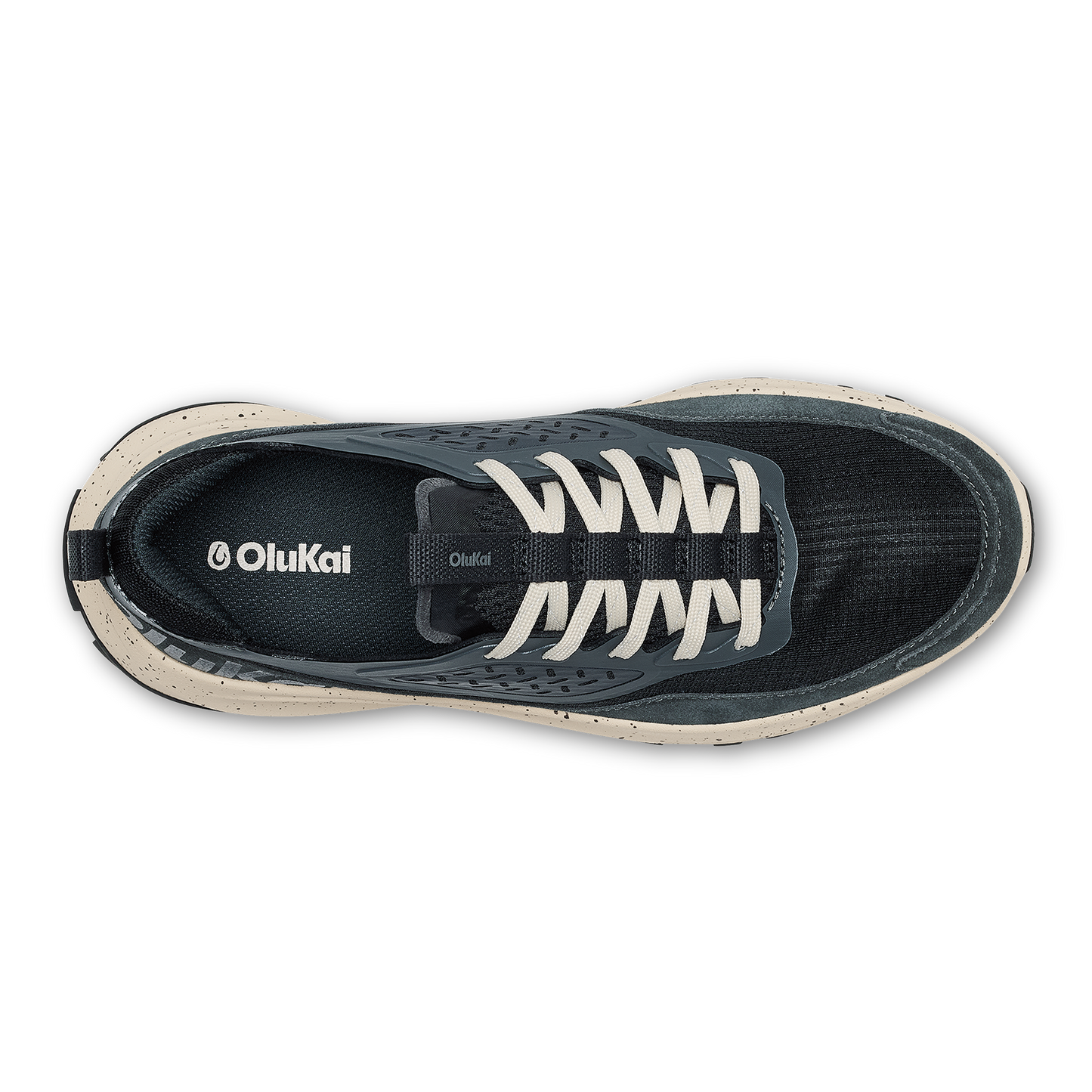 Top-down view of a dark gray running shoe with white laces.