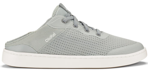 A gray, laced OluKai slip-on shoe with a white sole.
