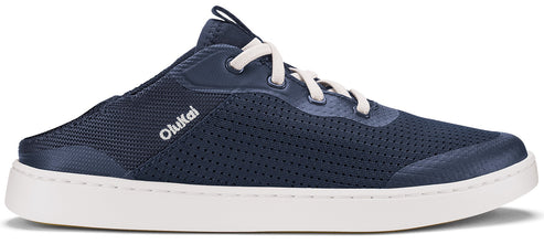 A navy Olukai sneaker with white laces and soles.