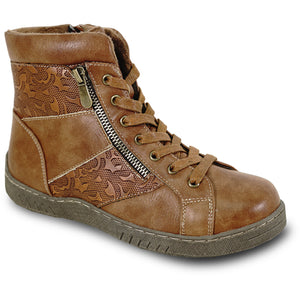 High-top, brown faux leather shoe with a side zipper and a lace-up front.