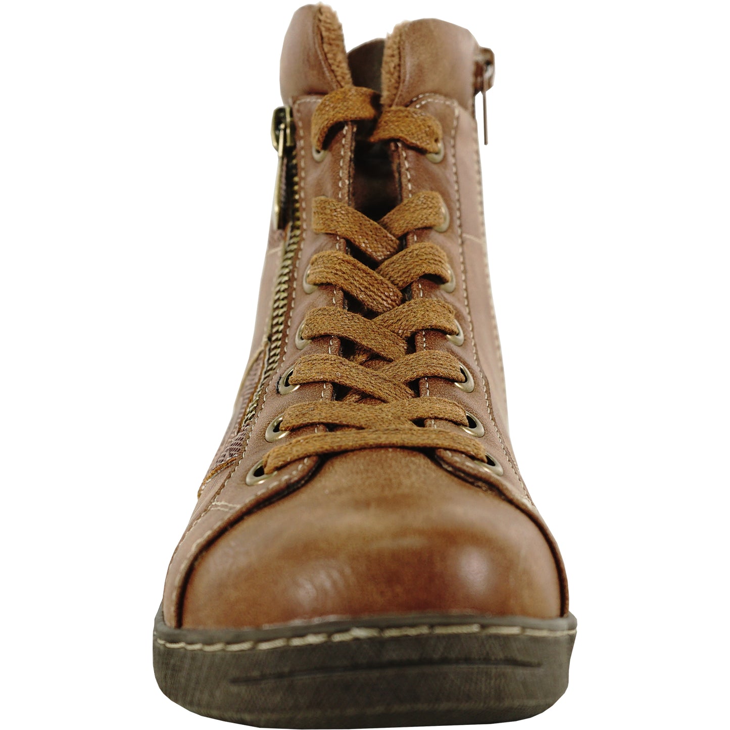 A brown ankle-high shoe with laces and a side zipper.