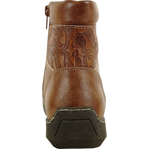 Rear view of a brown leather ankle boot with a zipper, and embossed decorative pattern.