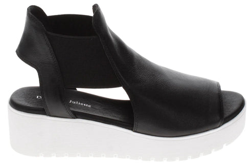 Black open-toe shoe with thick white sole and "Juliette" imprint.